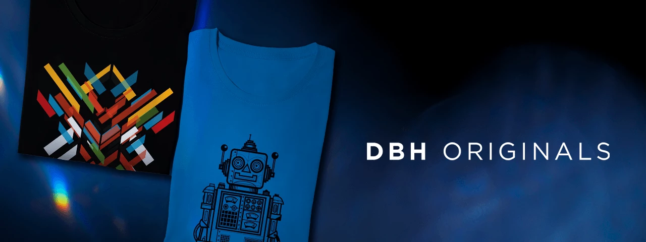 DBH Originals. Two folded t-shirts on blue background.