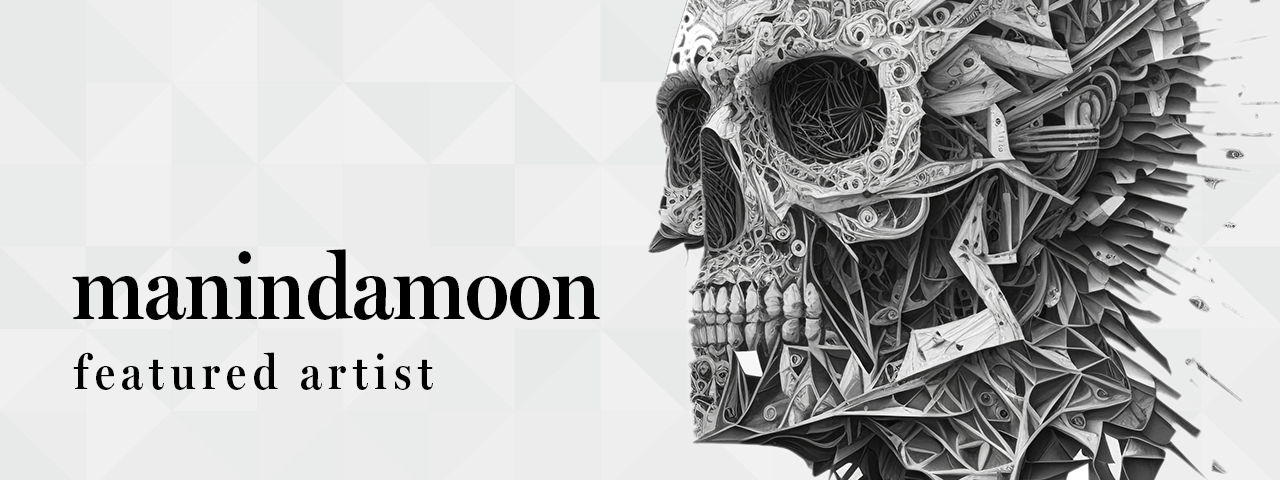 Featured Artist Manindamoon. Detailed skull graphic.