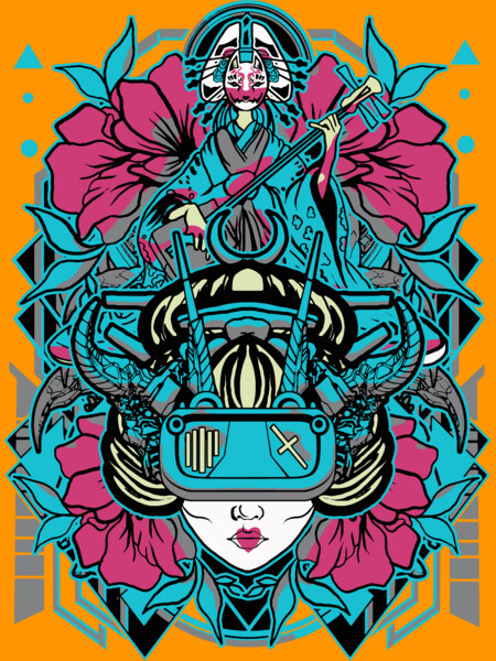 cyborg robot geisha with sacred geometry floral background