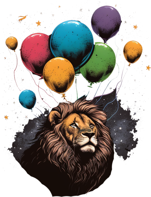 lion in space with balloons