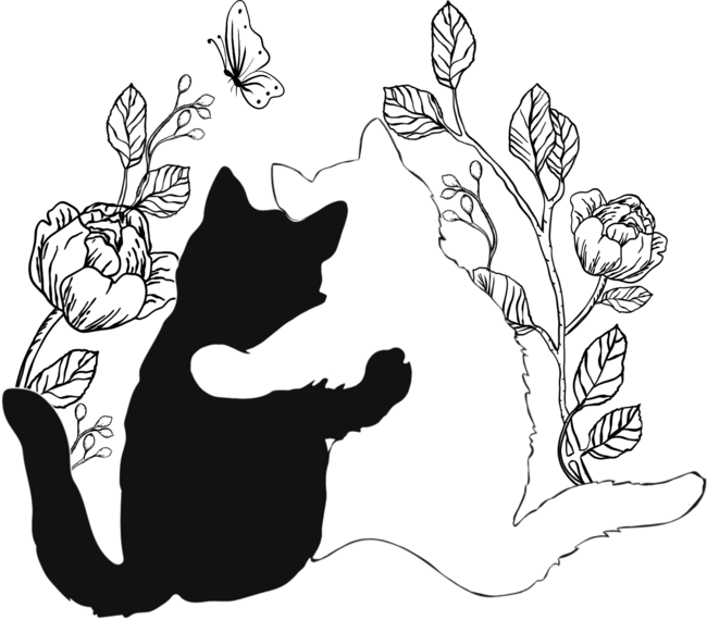Black and white cats hugging floral decor
