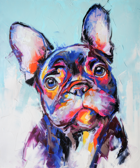 Oil bulldog muzzle portrait painting in multicolored tones.