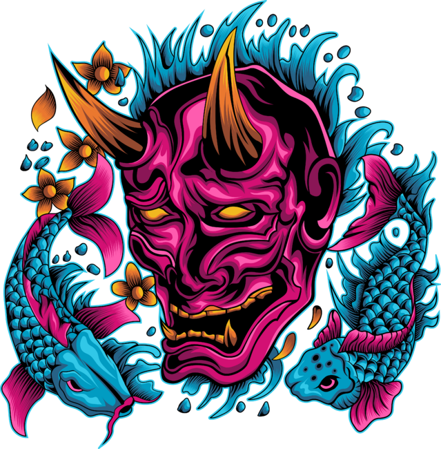 Hannya mask with koi fish illustration