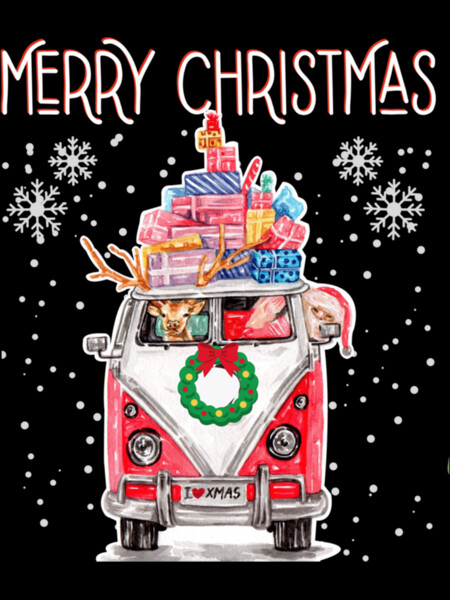 Merry Christmas, Vintage Bus, Santa, Reindeer, Presents by min132
