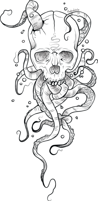 Human skull and octopus tentacles tattoo design by Mentiradeloro