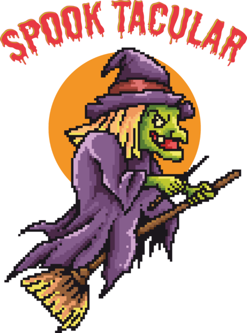 Spooktacular, pixel Witch flying on broom. 80's 90's game graphi by InfaredDesigns