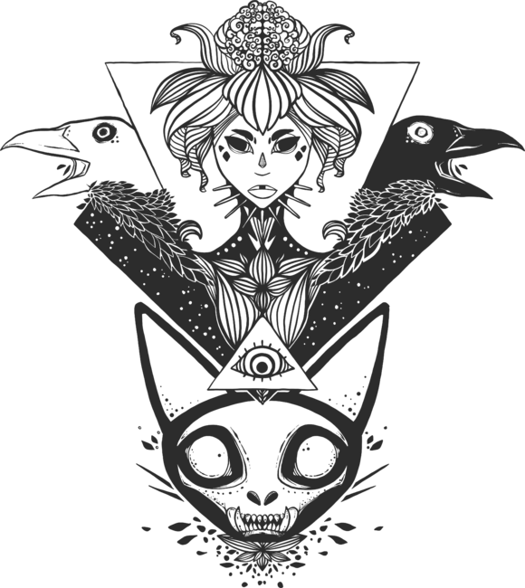 Witch, Cat Skull, And Crows
