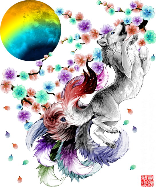 Japanese Nine Tailed Fox Cherry Blossom Moon