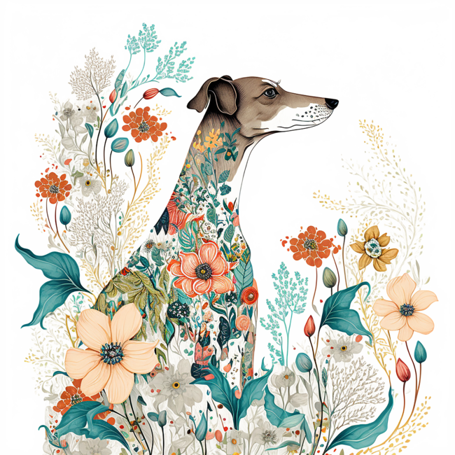 Watercolor Greyhound in Nature, Floral Design