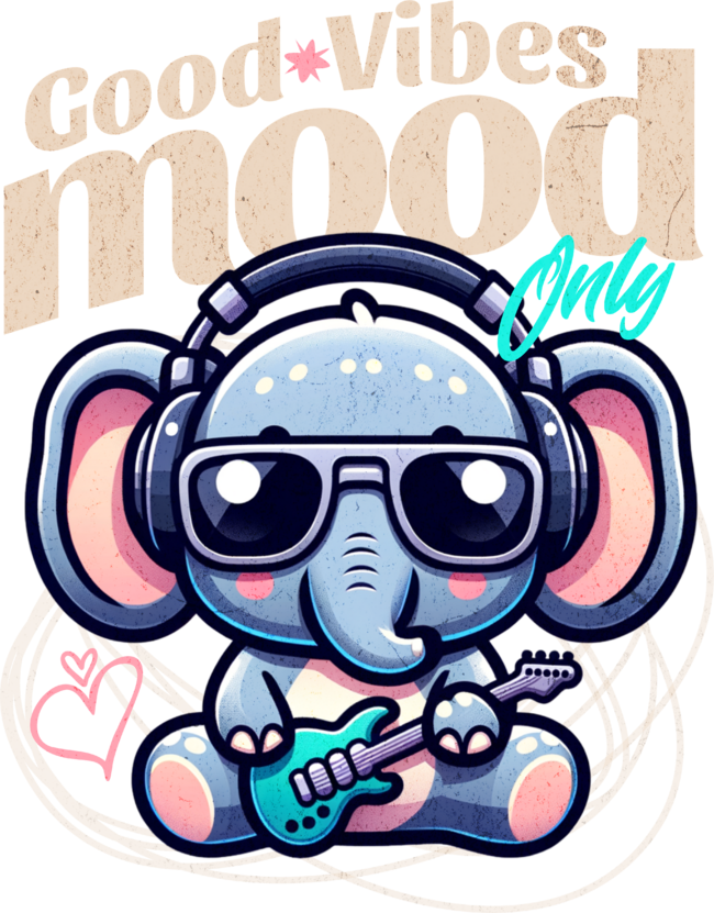 Good Vibes Only Good Mood Kawaii Elephant Guitar Player by DamotaMagazine