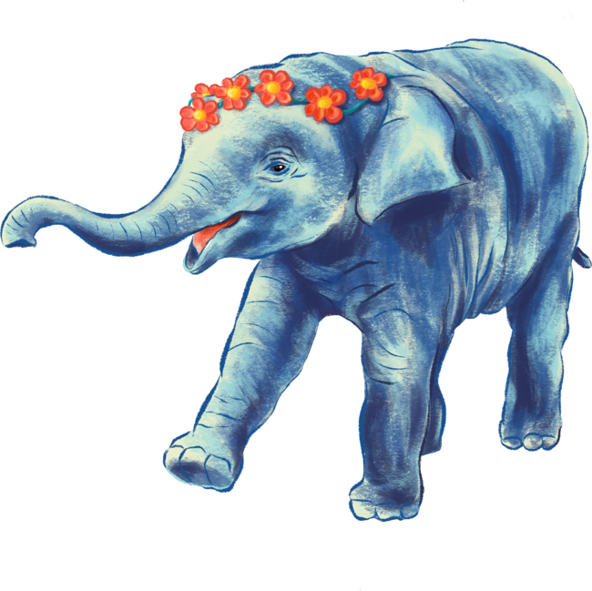 Cute Elephant In Blue With Wreath Of Flowers