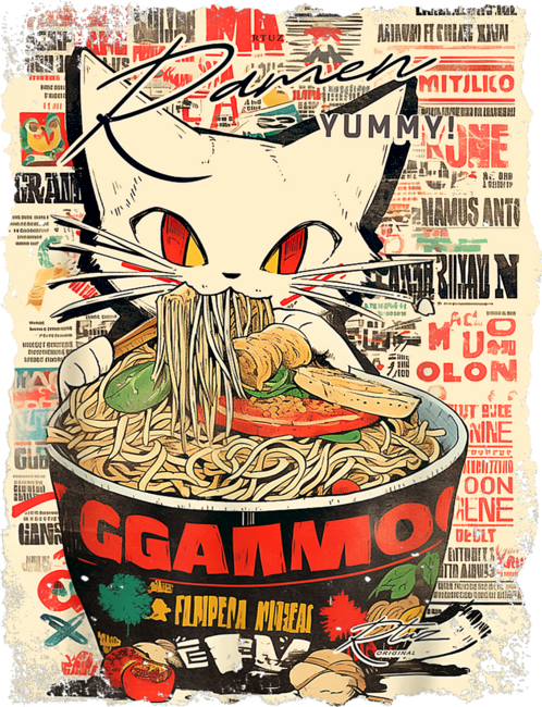 Cat Ramen Noodle Japanese T-Shirt by RattSi