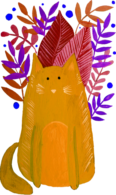 Cat and  foliage - ochre and purple