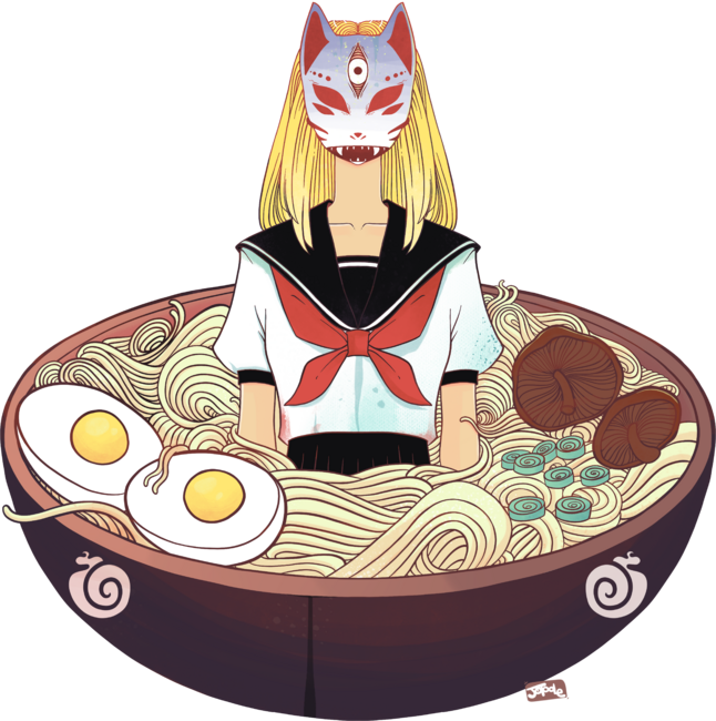 Anime School Girl Japanese Fox Kitsune Mask And Ramen Noodles