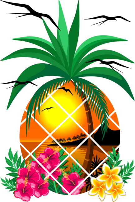 Pineapple Tropical Sunset, PalmTree and Flowers by BluedarkArt