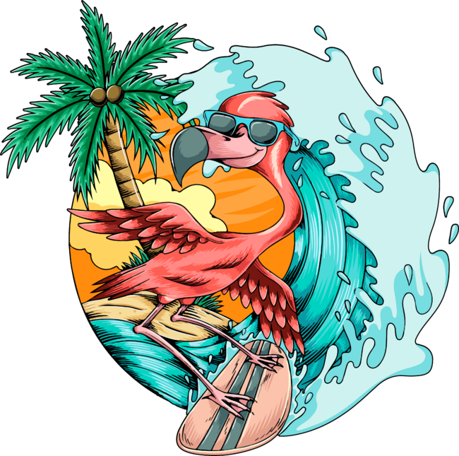 Pink Flamingo Summer Surfing On The Beach by Illustronii