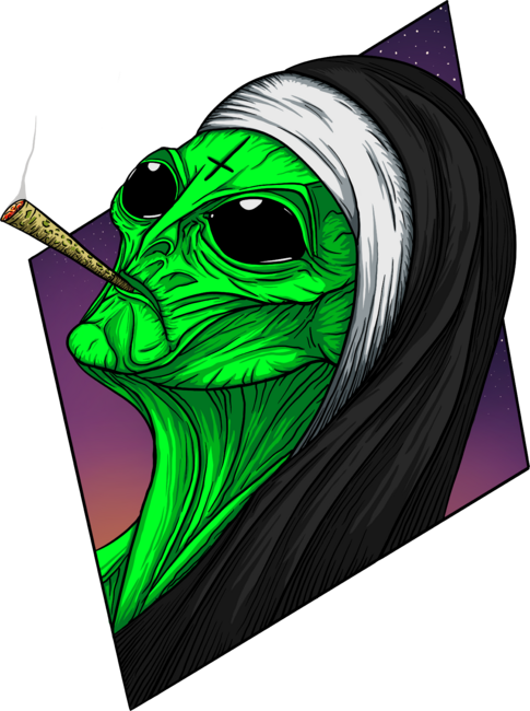 An alien nun with an inverted cross is a smoking joint.