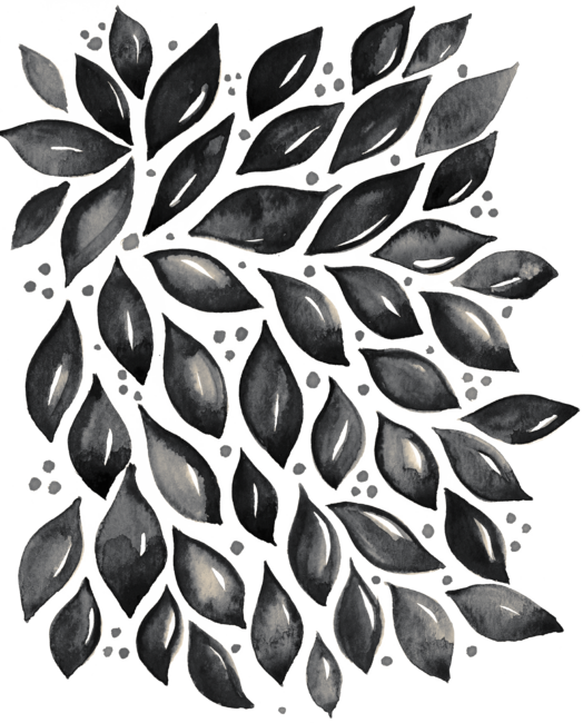 Abstract leaves and dots - black and white