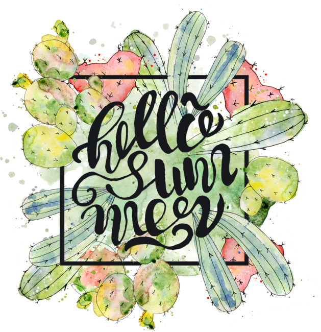 Watercolor cactus with hand drawn lettering Hello summer