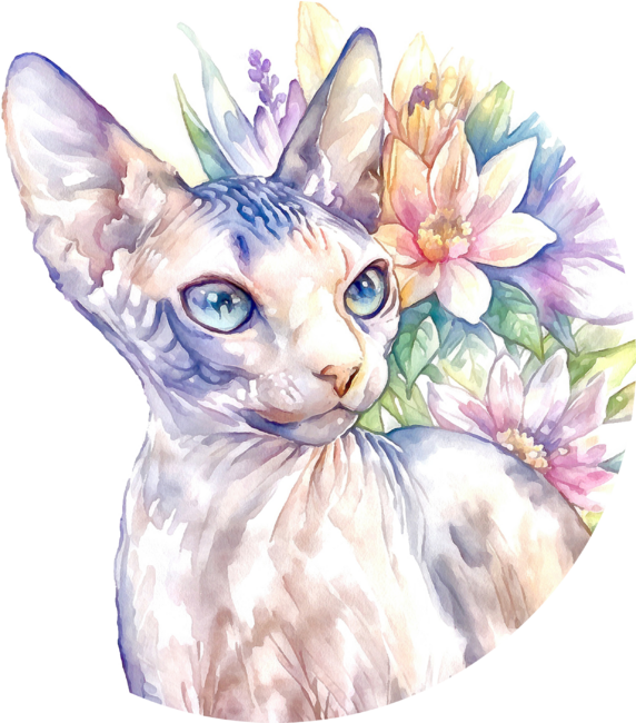 Sphynx and flowers watercolor