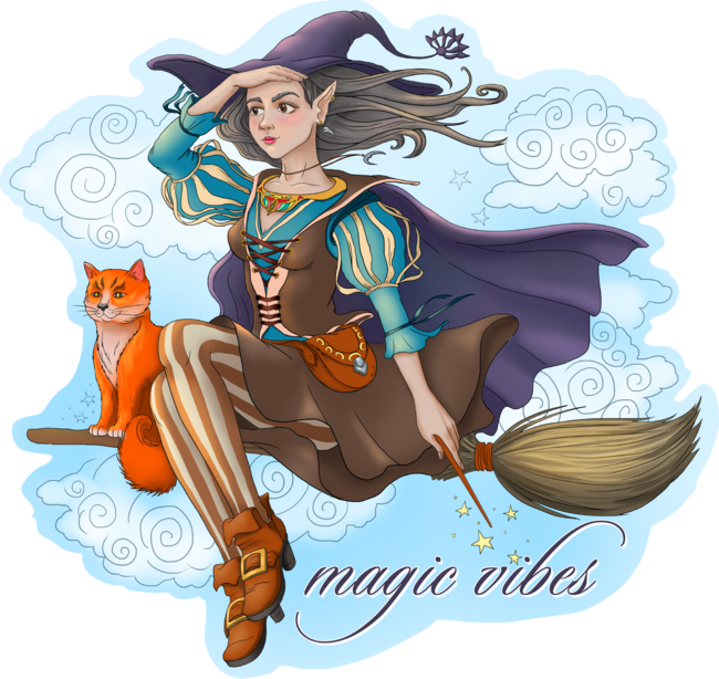 witch with a cat flying on a broom