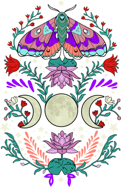 Moth, Triple Moon, Flowers and Stars