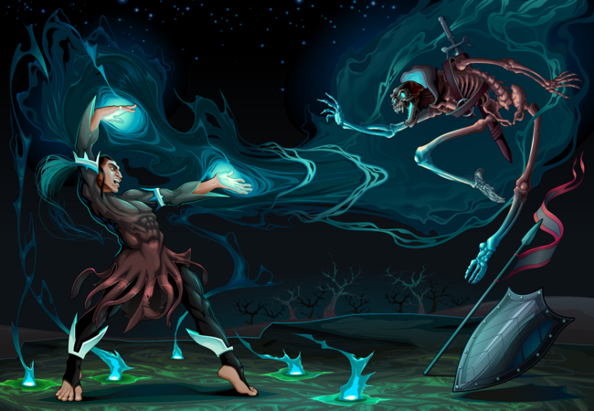 Fighting scene between magician and skeleton