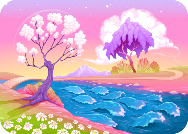Astral landscape with trees and river.