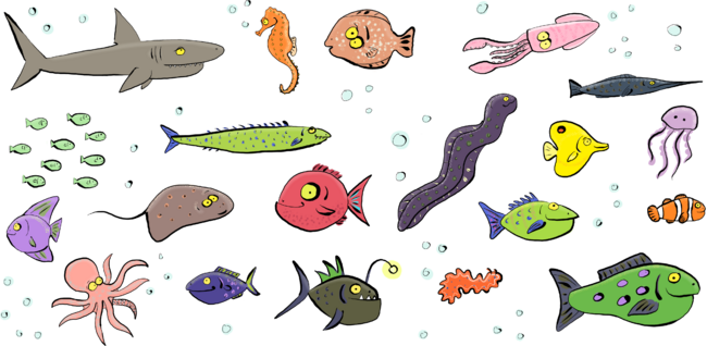 Funny sea creatures cartoon illustration