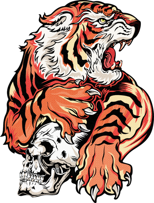 Tora Japanese Tiger Tattoo, Wild Japanese Angry Tiger With Skull by Illustronii