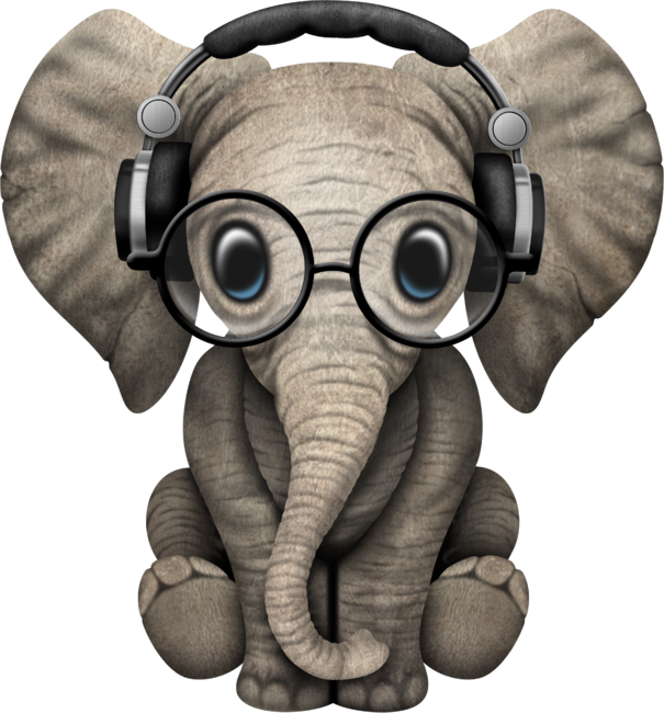 Cute Baby Elephant Dj Wearing Headphones and Glasses