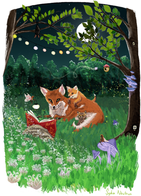 A fox mom reading a fairy-tale