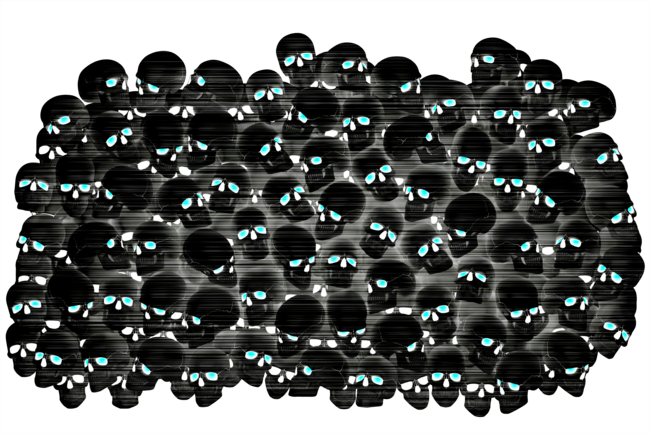 Many skulls with glowing eyes in the negative