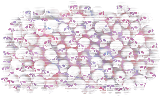 Many skulls with dull eyes looking in different directions