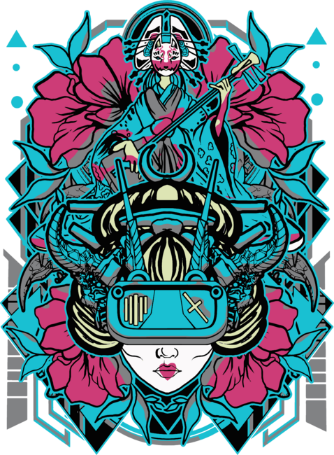 cyborg robot geisha with sacred geometry floral background