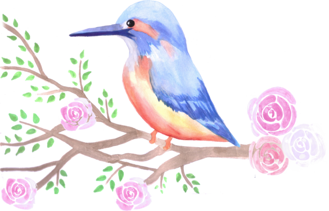 Kingfisher and pink roses on a tree branch by Shawlin