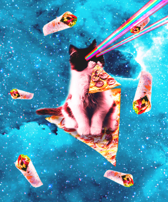 Space Cat Eating Pizza - Rainbow Laser Eyes, Burrito