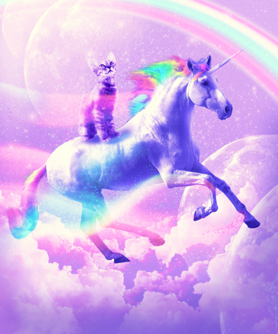Kitty Cat Riding On Flying Unicorn With Rainbow