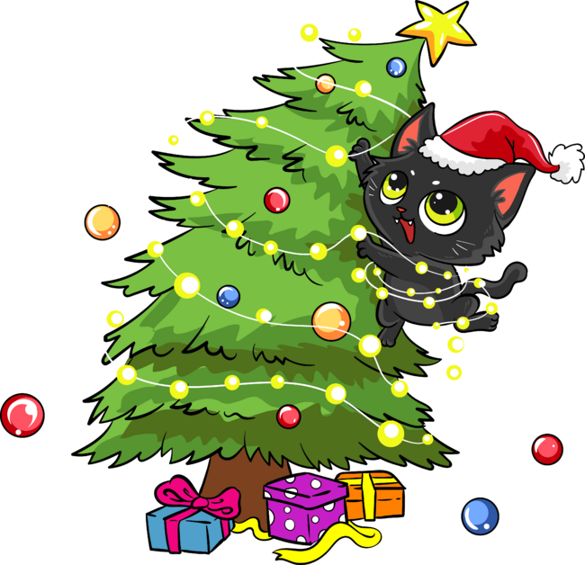 Santa Black Kitten Tangled Up In Christmas Tree Lights Holiday