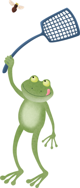 Funny green frog swatting fly cartoon