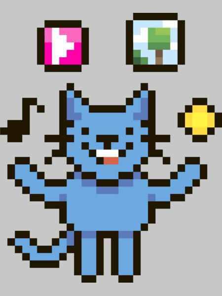 Pixel art cat juggles media content and coin