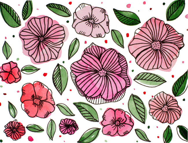 Watercolor and ink flowers - pink