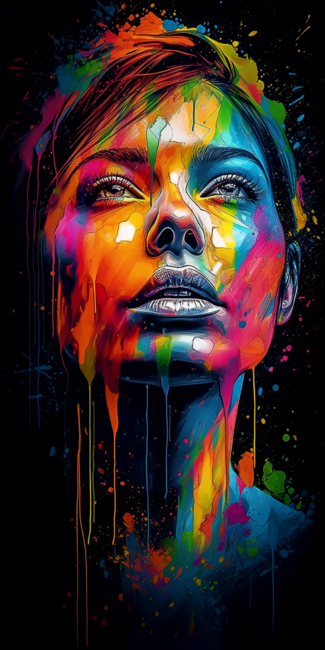 A watercolor woman face with colorful paint