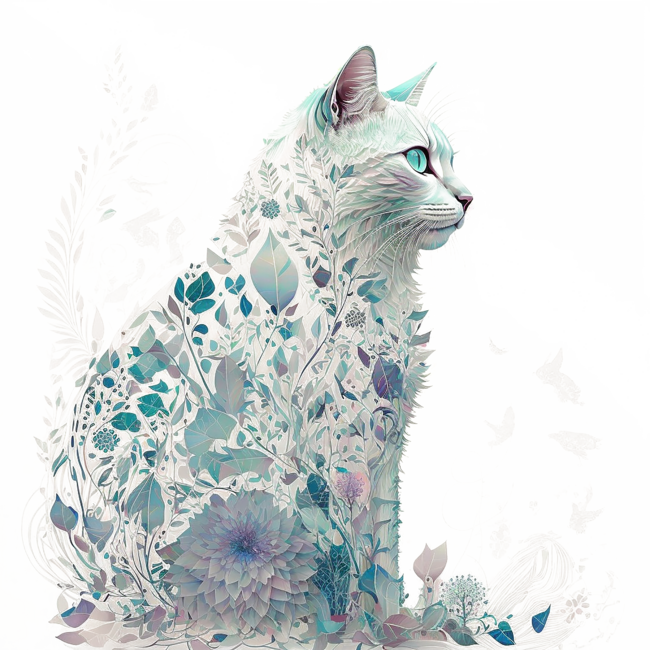 Watercolor Cat in Nature, Floral Design