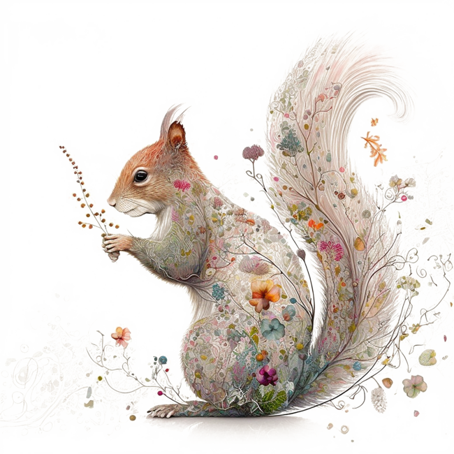 Watercolor Squirrel in Nature, Floral Design T-Shirt