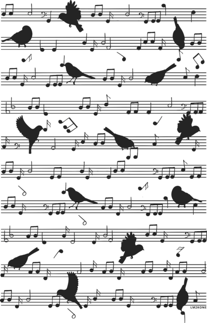 Birds on musical notes - black