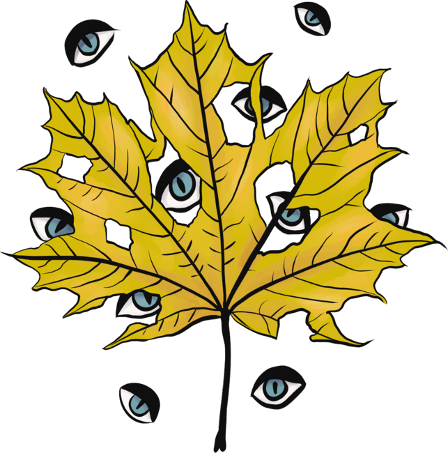 Yellow Leaf Creepy Eyes Pattern  Over Blue