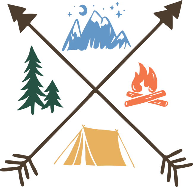 Happy camper,, fire, woods, mountain and tent design