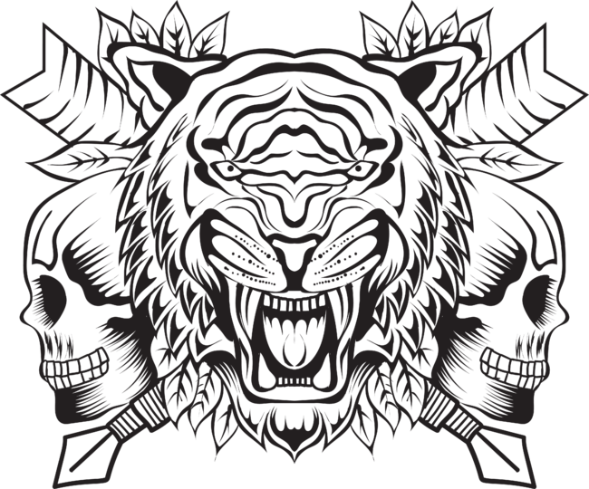 Roaring Tiger with Skull Lineart