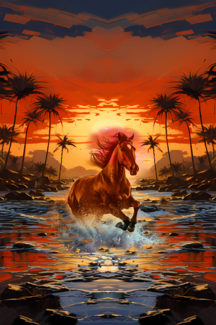 HORSE RUNNING IN LAKE SUNSET